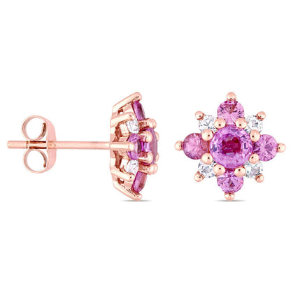 Pink and White Sapphire Flower Stud Earrings in 14K Rose Gold