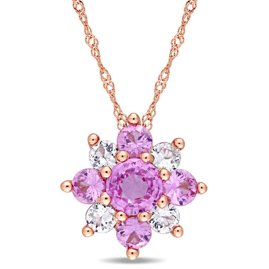 Pink and White Sapphire Flower Pendant in 14K Rose Gold - 17