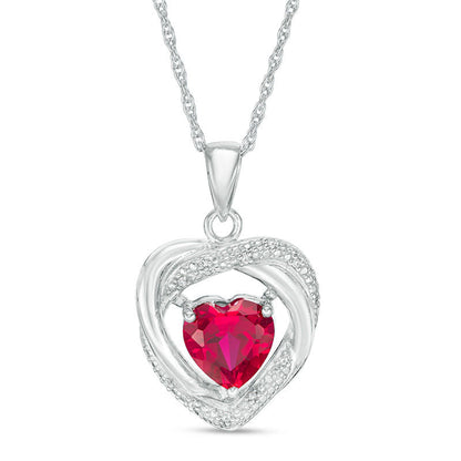 8.0mm Heart-Shaped Lab-Created Ruby and Diamond Accent Beaded Orbit Pendant in Sterling Silver