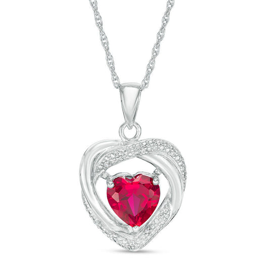 8.0mm Heart-Shaped Lab-Created Ruby and Diamond Accent Beaded Orbit Pendant in Sterling Silver