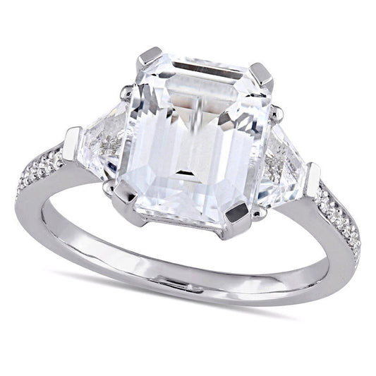 Emerald-Cut White Topaz and 0.07 CT. T.W. Natural Diamond Three Stone Ring in Sterling Silver