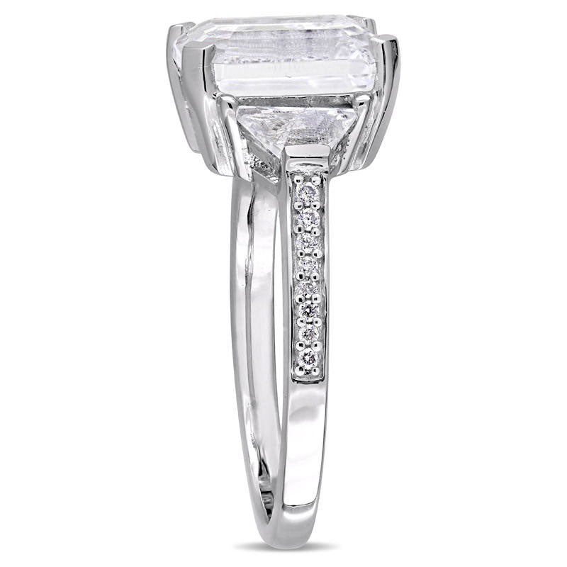 Emerald-Cut White Topaz and 0.07 CT. T.W. Natural Diamond Three Stone Ring in Sterling Silver