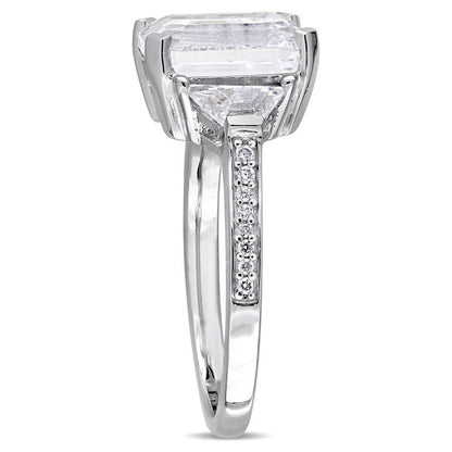 Emerald-Cut White Topaz and 0.07 CT. T.W. Natural Diamond Three Stone Ring in Sterling Silver