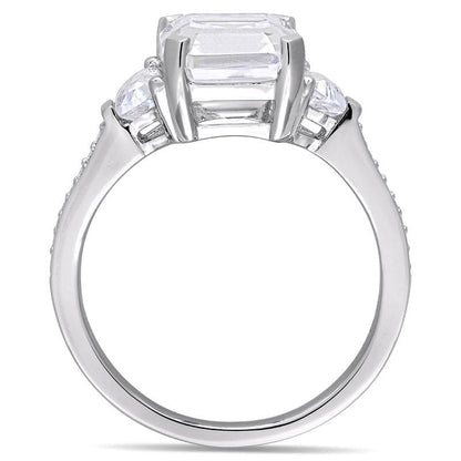 Emerald-Cut White Topaz and 0.07 CT. T.W. Natural Diamond Three Stone Ring in Sterling Silver