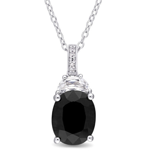Oval Black Sapphire, Half-Moon Lab-Created White Sapphire and Diamond Accent Pendant in Sterling Silver