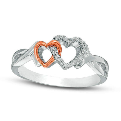 0.05 CT. T.W. Natural Diamond Interlocking Double Heart Ring in Sterling Silver and Solid 10K Rose Gold