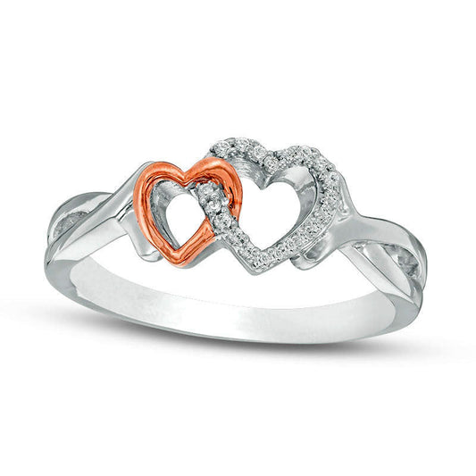 0.05 CT. T.W. Natural Diamond Interlocking Double Heart Ring in Sterling Silver and Solid 10K Rose Gold