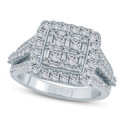 1.5 CT. T.W. Composite Natural Diamond Square Frame Multi-Row Engagement Ring in Solid 10K White Gold