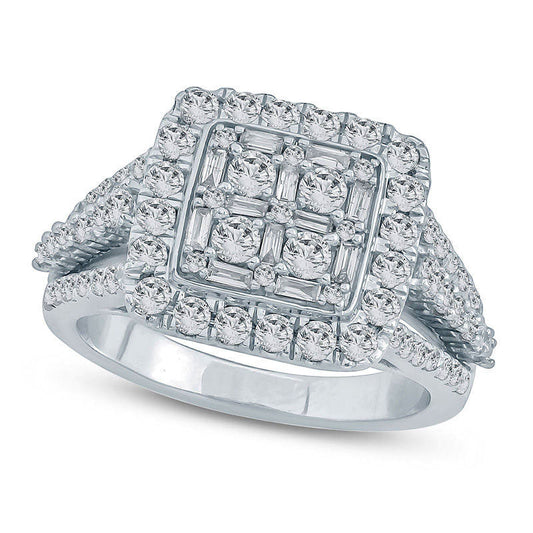 1.5 CT. T.W. Composite Natural Diamond Square Frame Multi-Row Engagement Ring in Solid 10K White Gold