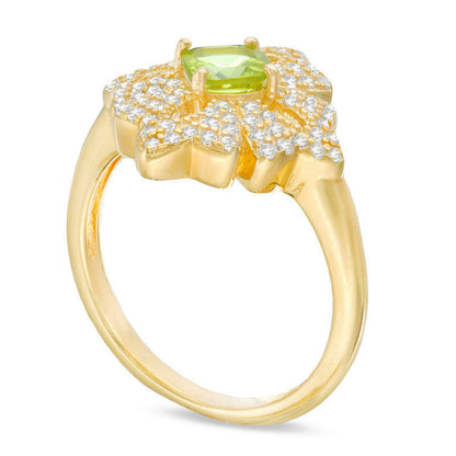 5.0mm Cushion-Cut Peridot and White Topaz Floral Ring in Sterling Silver with Solid 18K Gold Plate