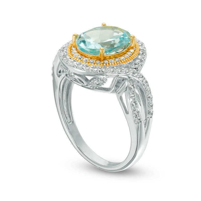 Oval Blue and White Topaz Antique Vintage-Style Twist Shank Ring in Sterling Silver and Solid 18K Gold Plate