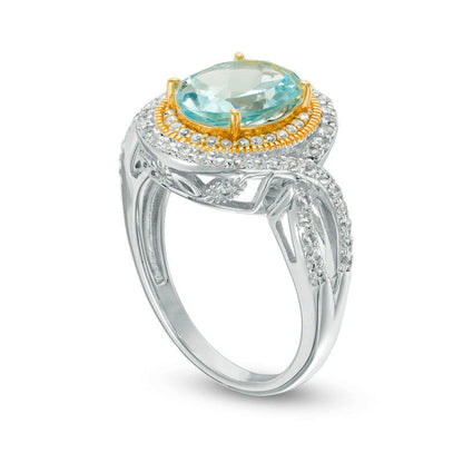 Oval Blue and White Topaz Antique Vintage-Style Twist Shank Ring in Sterling Silver and Solid 18K Gold Plate