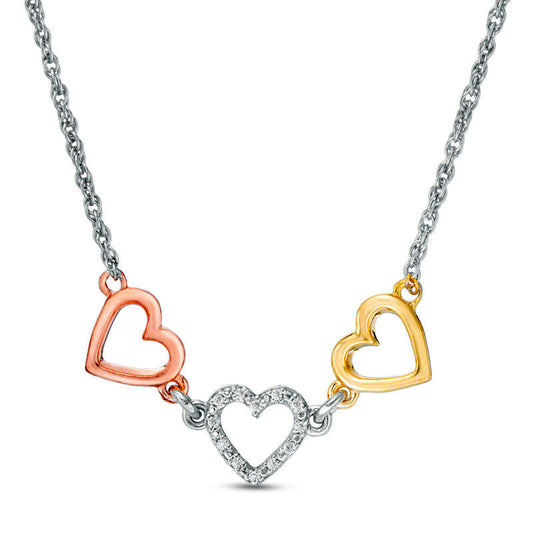 Natural Diamond Accent Triple Heart Necklace in Sterling Silver with 14K Two-Tone Gold Plate - 17