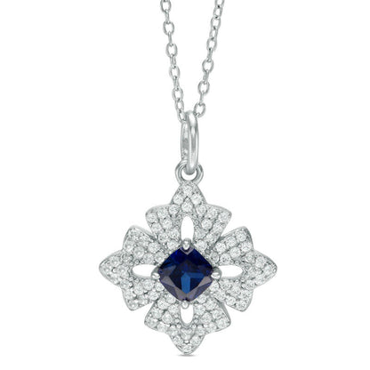5.0mm Cushion-Cut Lab-Created Blue Sapphire and White Topaz Floral Pendant in Sterling Silver