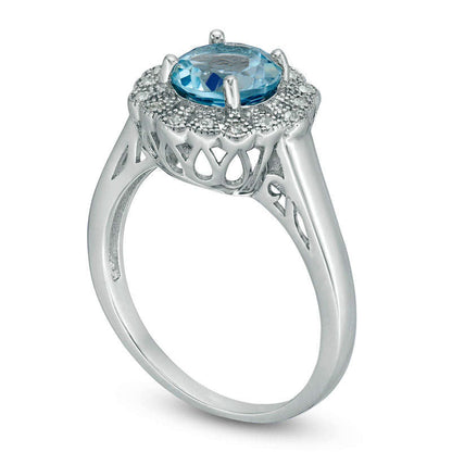 7.0mm Blue and White Topaz Antique Vintage-Style Frame Ring in Sterling Silver