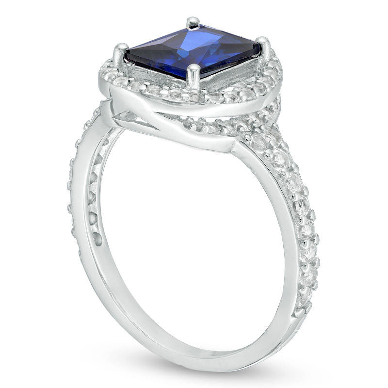 Emerald-Cut Lab-Created Blue Sapphire and White Topaz Oval-Shaped Open Frame Ring in Sterling Silver