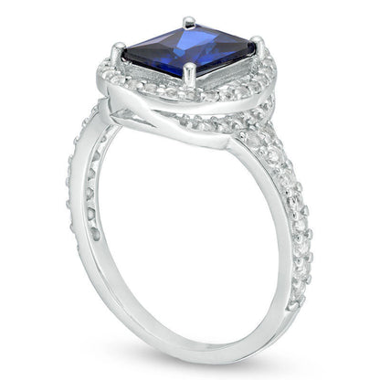 Emerald-Cut Lab-Created Blue Sapphire and White Topaz Oval-Shaped Open Frame Ring in Sterling Silver