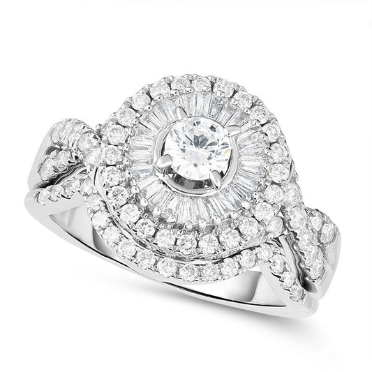 1.25 CT. T.W. Natural Diamond Double Frame Twist Bridal Engagement Ring Set in Solid 14K White Gold