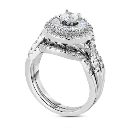 1.25 CT. T.W. Natural Diamond Double Frame Twist Bridal Engagement Ring Set in Solid 14K White Gold