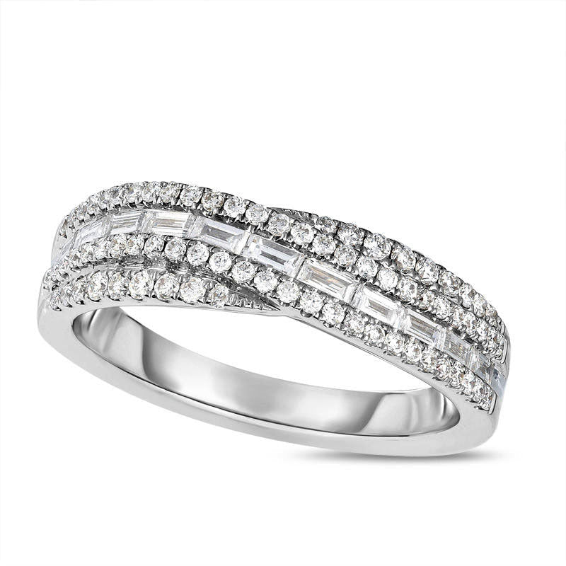 0.63 CT. T.W. Baguette and Round Natural Diamond Crossover Band in Solid 14K White Gold