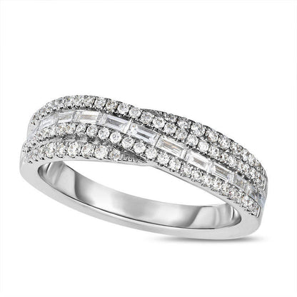 0.63 CT. T.W. Baguette and Round Natural Diamond Crossover Band in Solid 14K White Gold