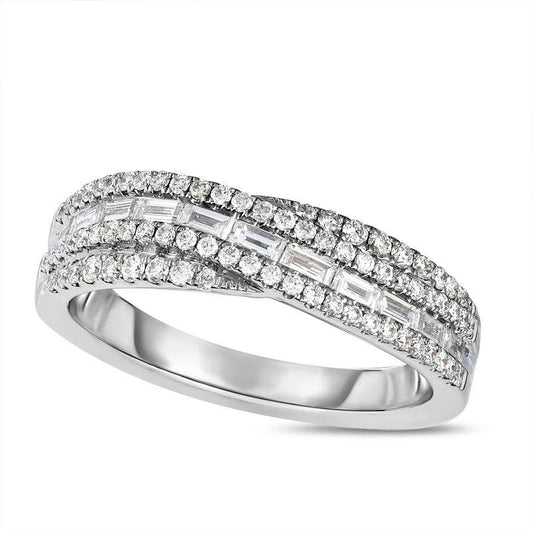 0.63 CT. T.W. Baguette and Round Natural Diamond Crossover Band in Solid 14K White Gold