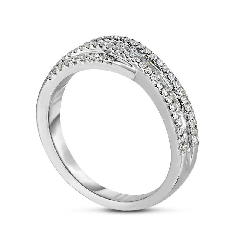 0.63 CT. T.W. Baguette and Round Natural Diamond Crossover Band in Solid 14K White Gold