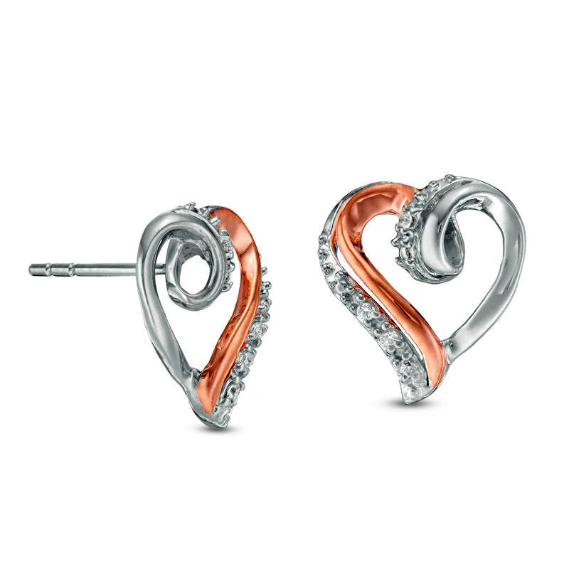 Diamond Accent Swirl Heart Stud Earrings in Sterling Silver and 10K Rose Gold