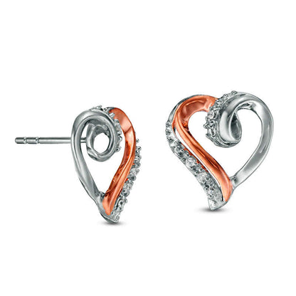 Diamond Accent Swirl Heart Stud Earrings in Sterling Silver and 10K Rose Gold