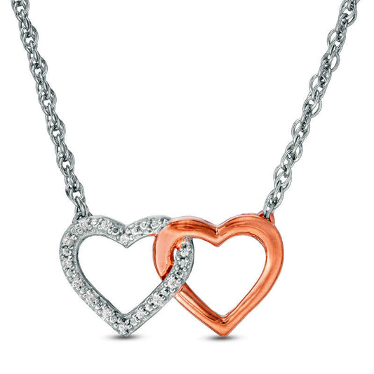 Natural Diamond Accent Interlocking Hearts Necklace in Sterling Silver and 10K Rose Gold - 17.5