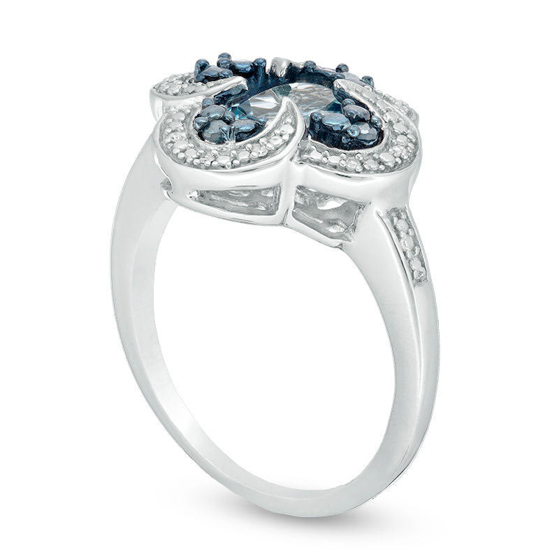 Oval Blue Topaz and 0.10 CT. T.W. Enhanced Blue and White Natural Diamond Swirl Frame Clover Ring in Sterling Silver