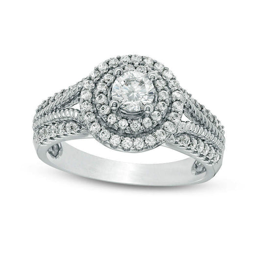 0.75 CT. T.W. Natural Diamond Double Frame Rope Twist Engagement Ring in Solid 14K White Gold
