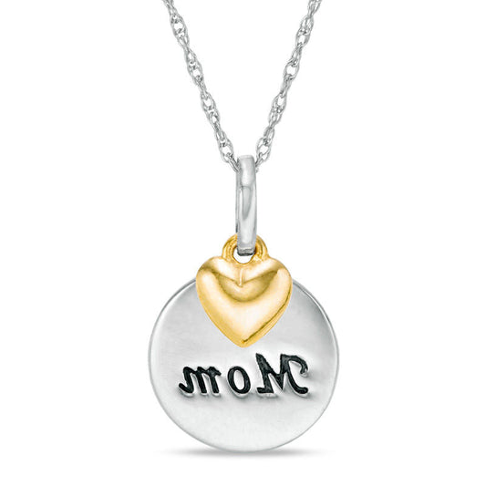 Mom" Round Disc Pendant with Puffed Heart Charm in 10K Two-Tone Gold"