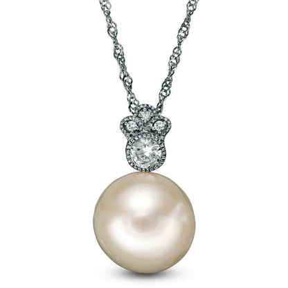 10.0 - 10.5mm Cultured Freshwater Pearl, White Sapphire and Natural Diamond Accent Antique Vintage-Style Pendant in 10K White Gold - 17