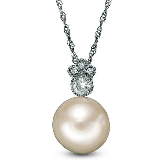 10.0 - 10.5mm Cultured Freshwater Pearl, White Sapphire and Natural Diamond Accent Antique Vintage-Style Pendant in 10K White Gold - 17