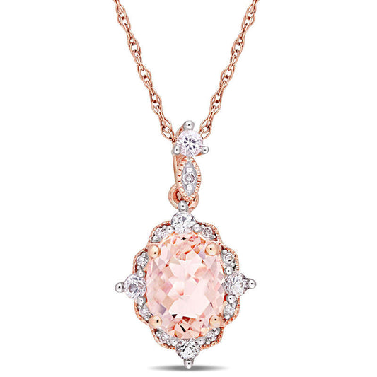 Oval Morganite, White Sapphire and Natural Diamond Accent Antique Vintage-Style Drop Pendant in 10K Rose Gold - 17
