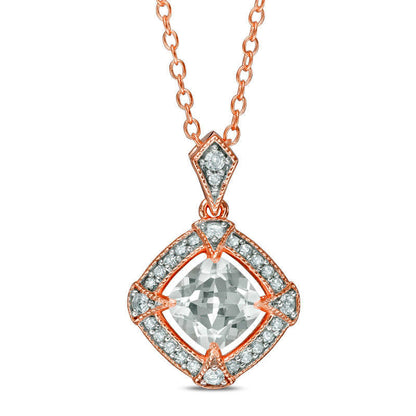 6.0mm Cushion-Cut Lab-Created White Sapphire and 0.1 CT. T.W. Diamond Pendant in Sterling Silver with Rose Rhodium