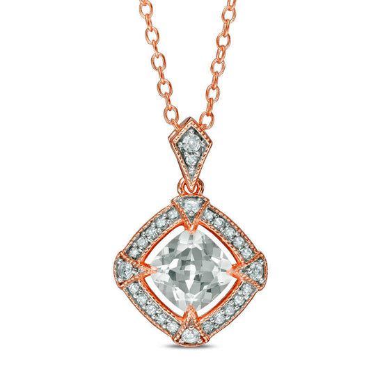 6.0mm Cushion-Cut Lab-Created White Sapphire and 0.1 CT. T.W. Diamond Pendant in Sterling Silver with Rose Rhodium