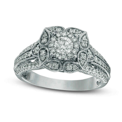 0.75 CT. T.W. Natural Diamond Cushion Leaf Frame Antique Vintage-Style Engagement Ring in Solid 14K White Gold - Size 7