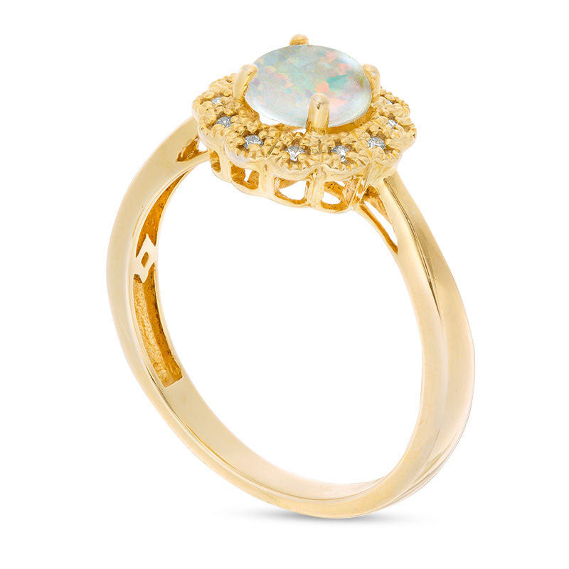 6.0mm Lab-Created Opal and 0.05 CT. T.W. Diamond Antique Vintage-Style Flower Ring in Sterling Silver with Solid 18K Gold Plate