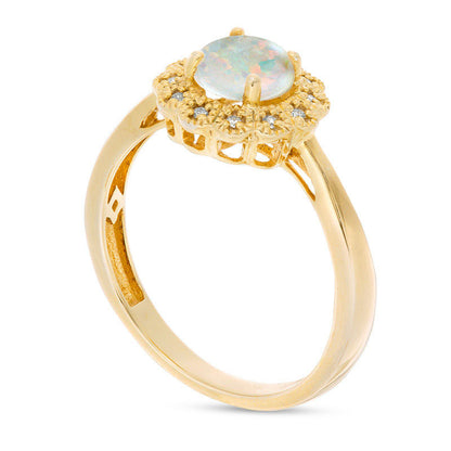 6.0mm Lab-Created Opal and 0.05 CT. T.W. Diamond Antique Vintage-Style Flower Ring in Sterling Silver with Solid 18K Gold Plate