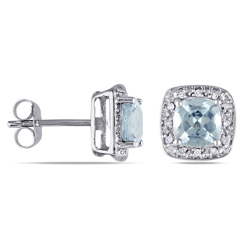 6.0mm Cushion-Cut Aquamarine and 0.1 CT. T.W. Diamond Frame Stud Earrings in 10K White Gold