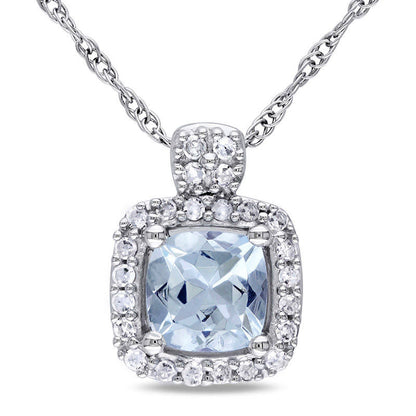 5.0mm Cushion-Cut Aquamarine and 0.1 CT. T.W. Natural Diamond Frame Pendant in 10K White Gold - 17