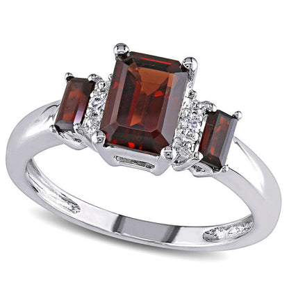 Emerald-Cut Garnet and Natural Diamond Accent Three Stone Ring in Solid 10K White Gold