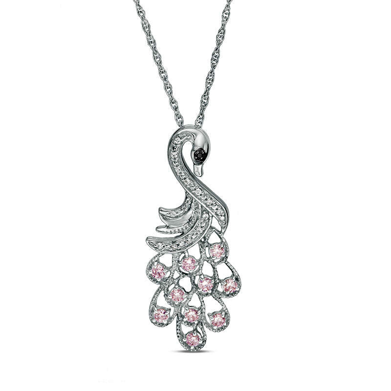 Lab-Created Pink and White Sapphire with Black Diamond Accent Peacock Pendant in Sterling Silver