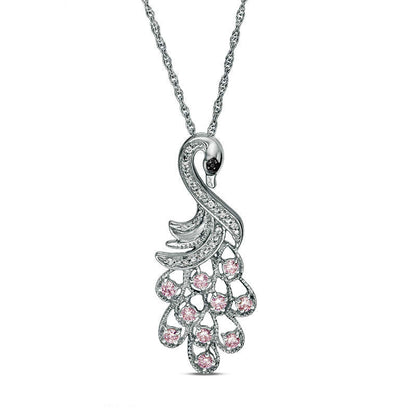 Lab-Created Pink and White Sapphire with Black Diamond Accent Peacock Pendant in Sterling Silver