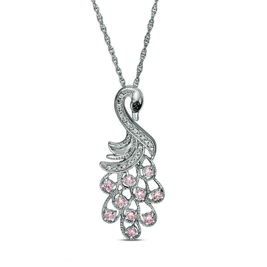 Lab-Created Pink and White Sapphire with Black Diamond Accent Peacock Pendant in Sterling Silver