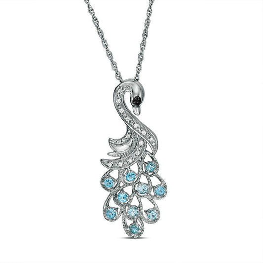 Blue Topaz, Lab-Created White Sapphire and Black Diamond Accent Peacock Pendant in Sterling Silver