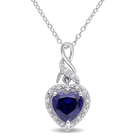 8.0mm Heart-Shaped Lab-Created Blue Sapphire and 0.05 CT. T.W. Diamond Cascading Frame Pendant in Sterling Silver