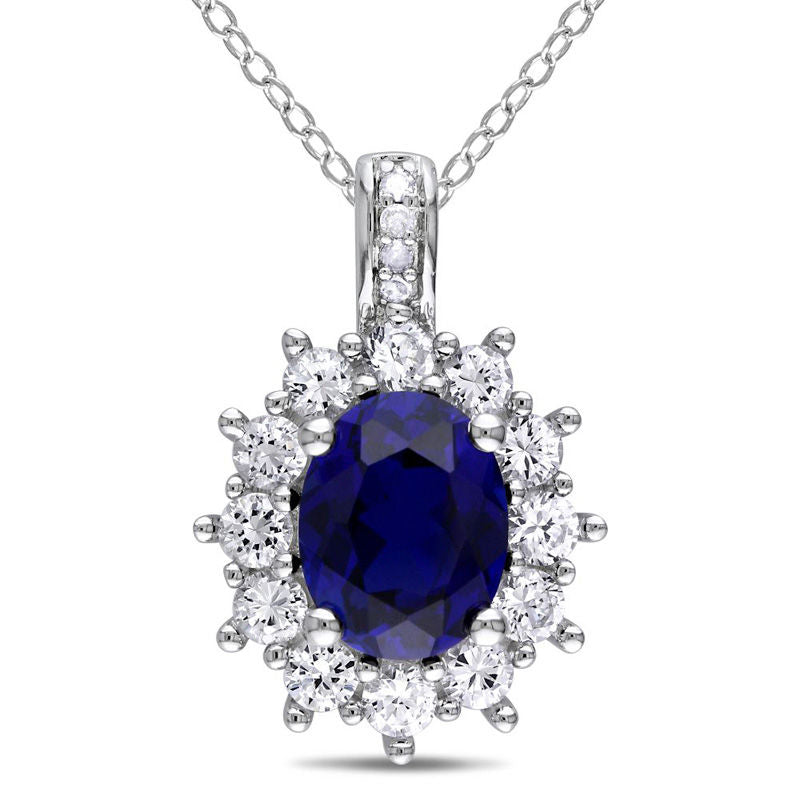 Oval Lab-Created Blue and White Sapphire Sunburst Frame Pendant in Sterling Silver with Diamond Accents
